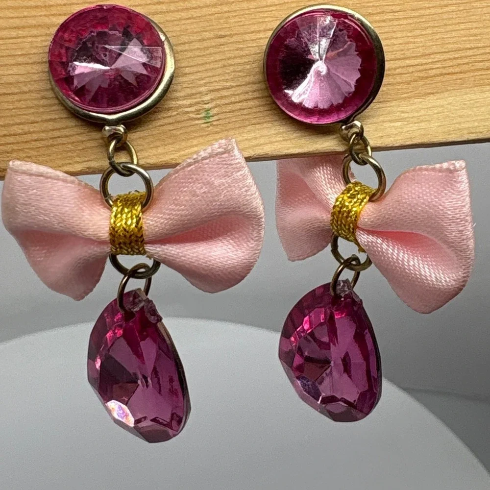 1980s Retro Pink Bow Drop Earrings with Faceted‎ Teardrop Gem Statement Jewelry